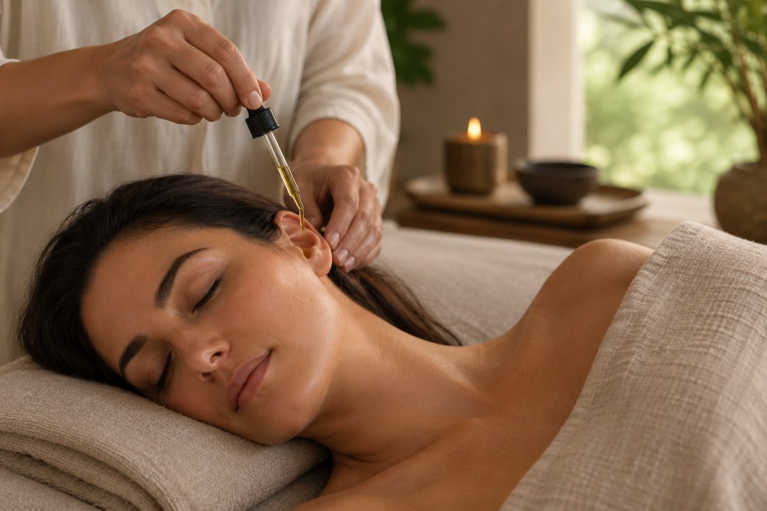 A candlelit Ayurvedic treatment room