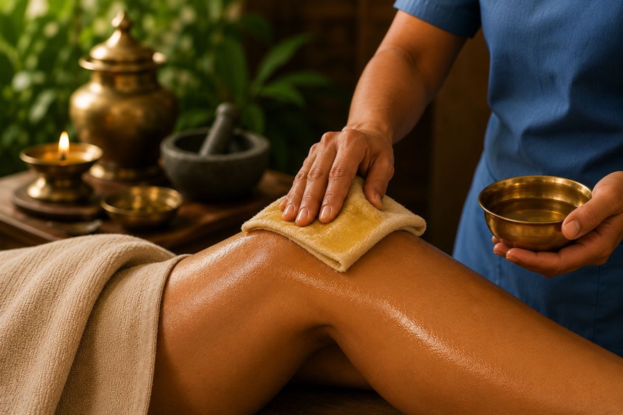 Pichu, a warm herbal-oil compress on the knee