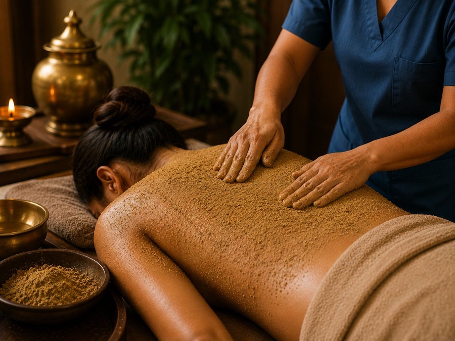 The herbal powder massage along the back