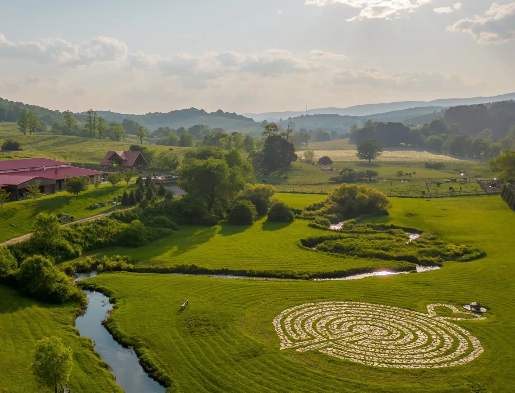 The Eupepsia resort, farm and labyrinth from above in the Blue Ridge Mountains